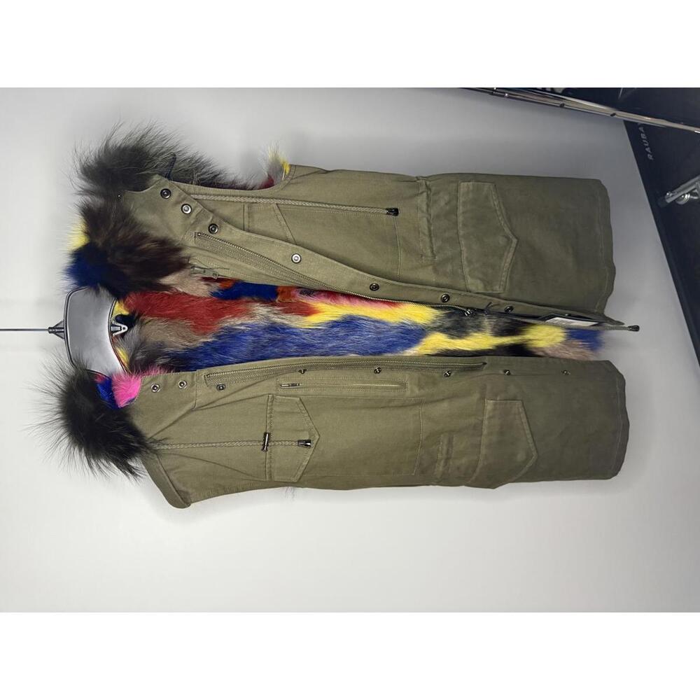 Jocelyn Olive Green Sleeveless Vest with Multicolor Faux Fur Lining and Hood